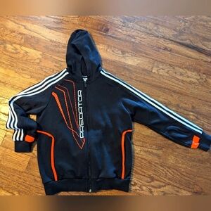 Adidas black 3 stripe predator zip track jacket with hood. NWOT Youth size L